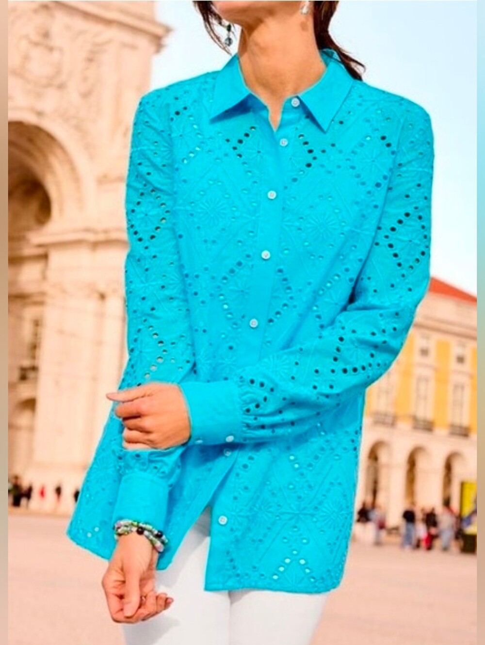 Talbots Bright Turquoise Eyelet Button-Front Shirt/ coverup sz 3X